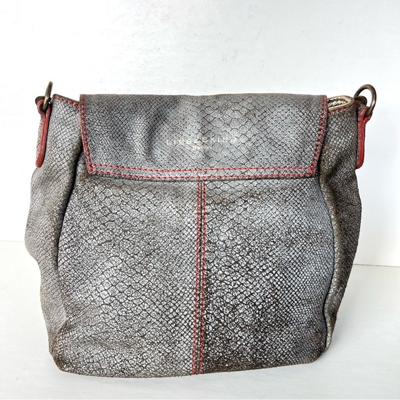 LIEBESKIND Berlin Gray Snake Print Leather Red Stitching Flap Shoulder Bag Tote - Picture 4 of 16